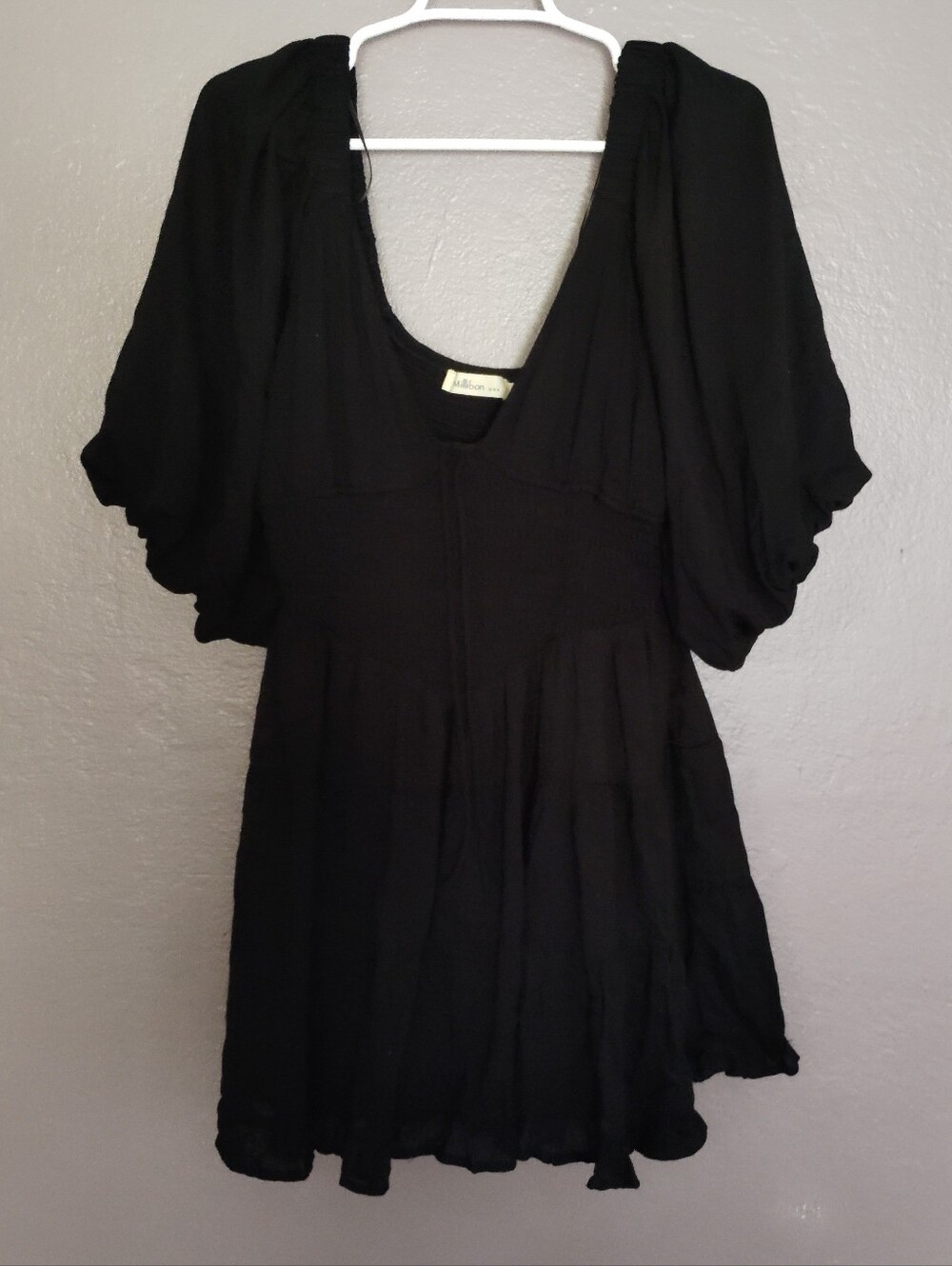 Million Black Mini Dress Puff Sleeves Smocked Waistline Dark Bohemian Sz M